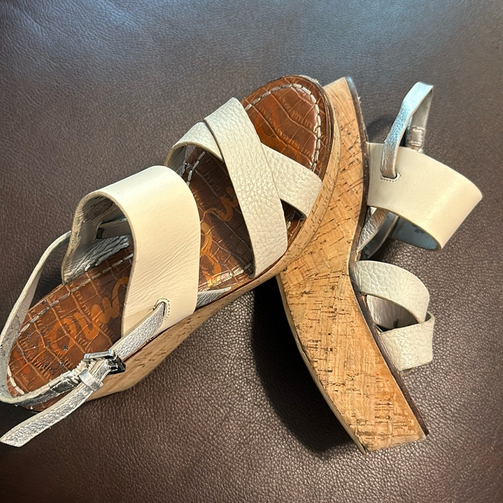 Sam Edelman platform shoes - cork wedge cream leather silver sandal shoes